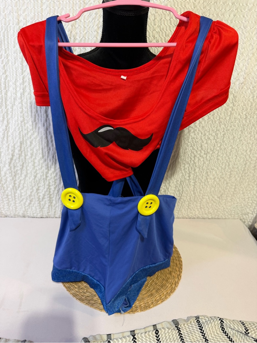 Women’s m Red and Blue Clown Suspender Costume with Mustache Accent
